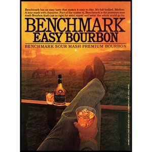 1981 Benchmark Easy Bourbon Vintage Print Ad Horse Farm Pasture Sunset Wall Art